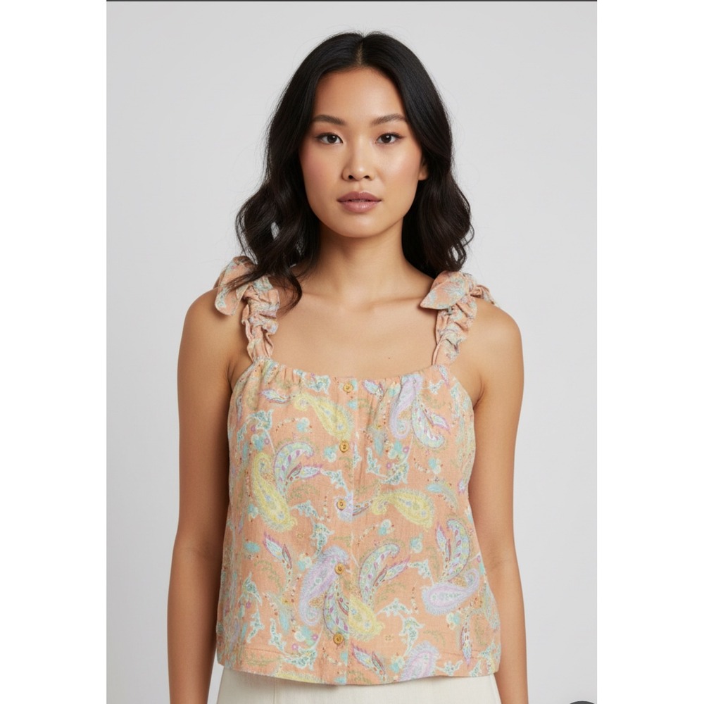 DEAR JOHN Peach Paisley Ruffle Strap Button Front Tank Top Women's Size Small